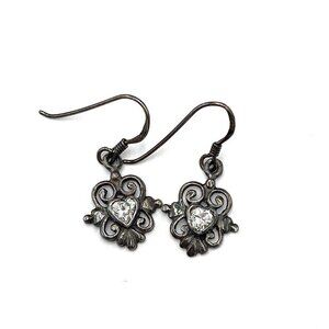 925925 Sterling Silver Earrings Blackened Silver Crystal Heart Stone Dangles